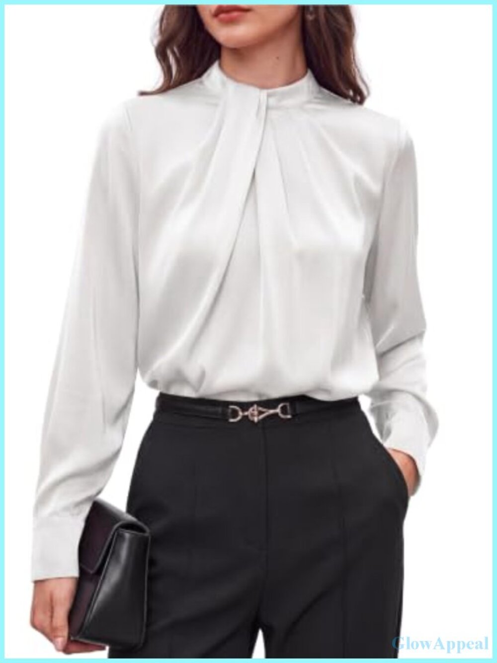 Satin Blouse Mock Neck Bishop Sleeve Keyhole Back Dressy Casual Top